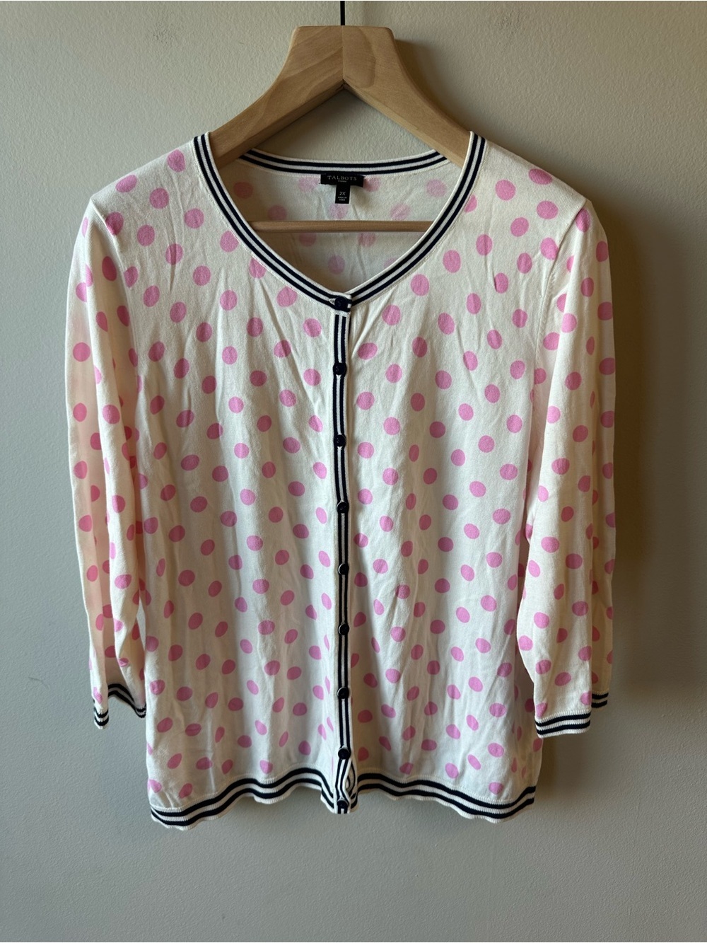 Talbots Cream Cardigan with Pink Accents and Navy Blue-Striped Trim